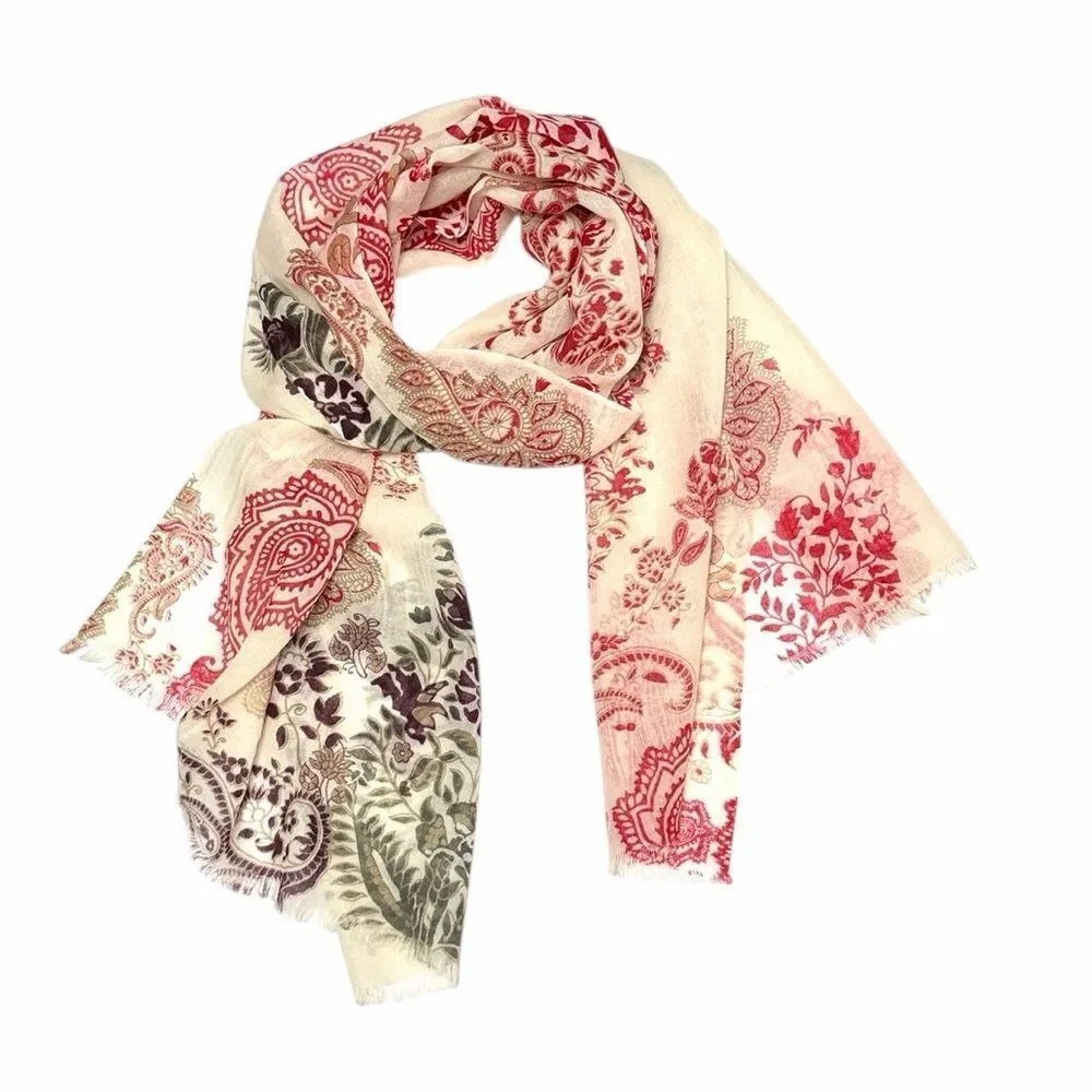 NWOT J. Jill Lightweight Oblong Scarf Woven Wool Paisley Wrap Ivory Red 24x70